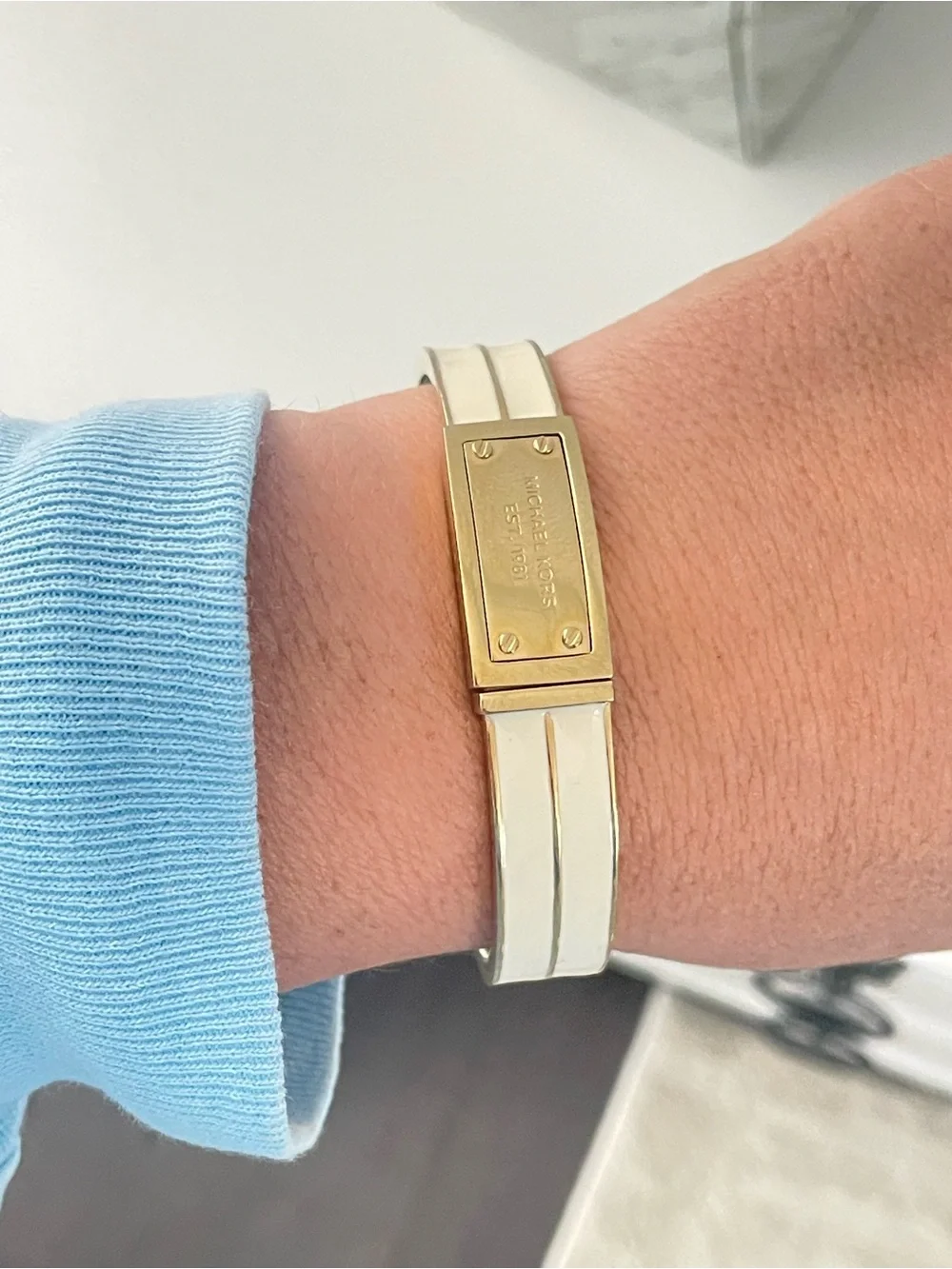 Michael Kors Gold and White Enamel Hinged Bangle